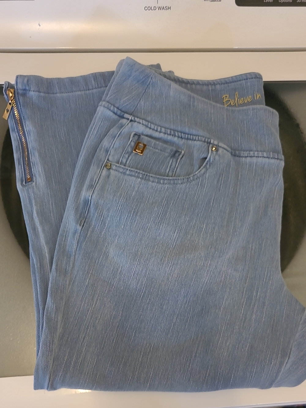 Belle by Kim Gravel Light Blue Denim Capri with Gold Embroidery
